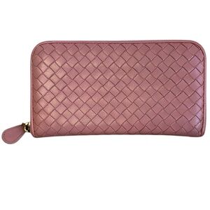 Authentic Bottega Veneta Intrecciato Leather Zip-Around Long Wallet - Pink Mauve
